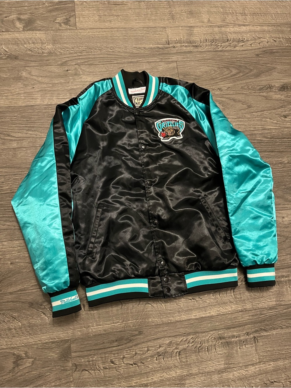 Mitchell & Ness Vancouver grizzlies Teal and Black Satin Varsity Jacket